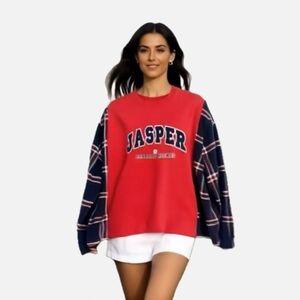 Upcycled “Jasper Rocky Mountains” sweatshirt with flannel.